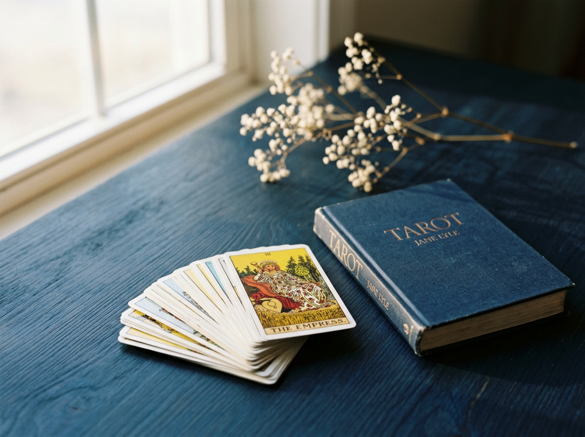 A tarot card deck, a spread of tarot cards, a closed blue tarot book with gold lettering, and a sprig of white baby's breath flowers on a dark blue wooden surface near a window.