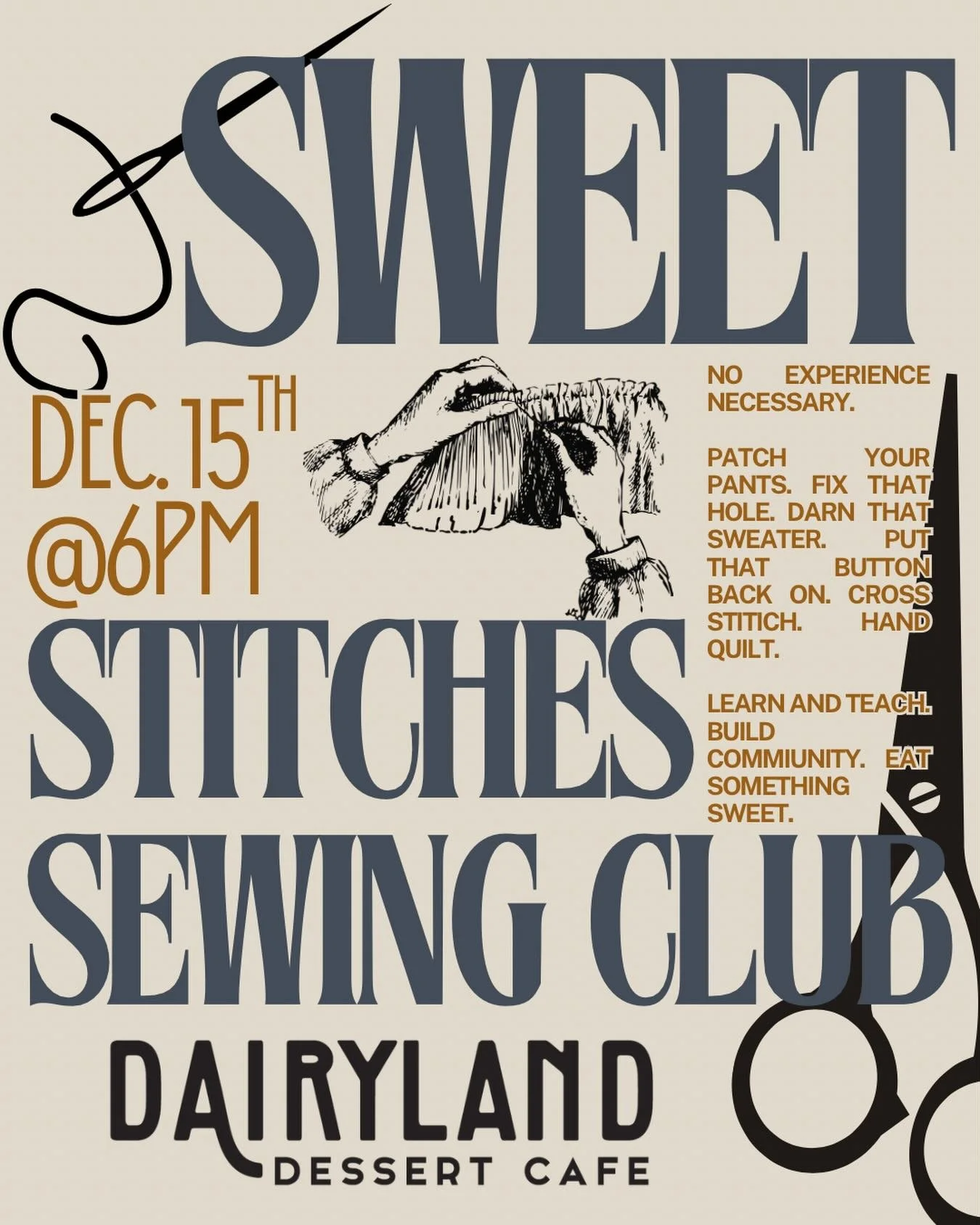 Join us for Sweet Stitches Sewing Club! A free monthly community event where we stitch together. No experience necessary. 
.
Come patch your pants, embroider your sweater, sew on that button, fix that hole, quilt that quilt. And if you don&rsquo;t kn