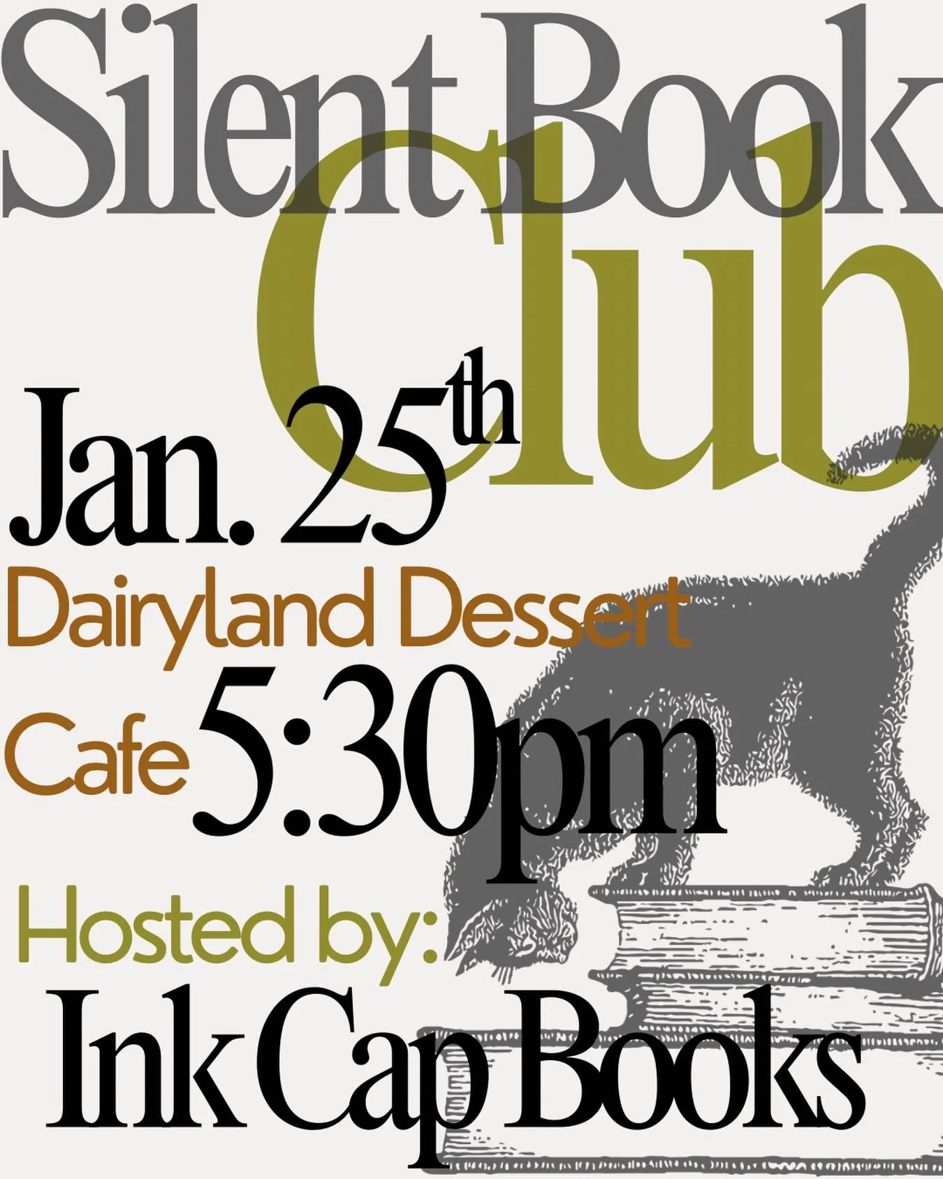 SUNDAY January 25th at 5:30pm✨
.
Come hang out with us and Ink Cap Books for our monthly Silent Book Club! Get it on your calendars and tell your book loving folks and friends!
.
Come with your new favorite book! After everyone is settled, we&rsquo;l