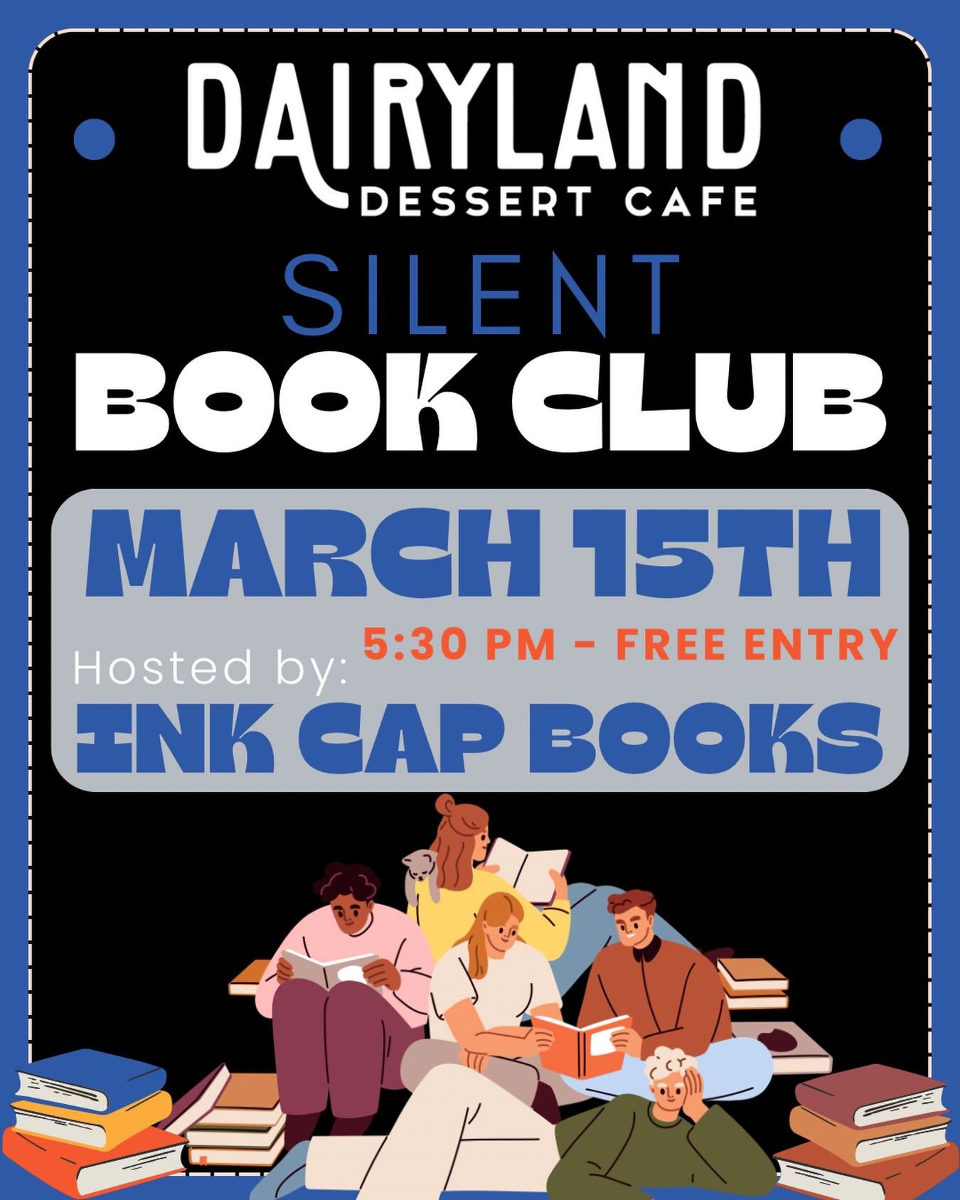 SUNDAY March 15th at 5:30pm✨
.
Come hang out with us and Ink Cap Books for our monthly Silent Book Club! Get it on your calendars and tell your book loving folks and friends!
.
Come with your new favorite book! After everyone is settled, we&rsquo;ll 