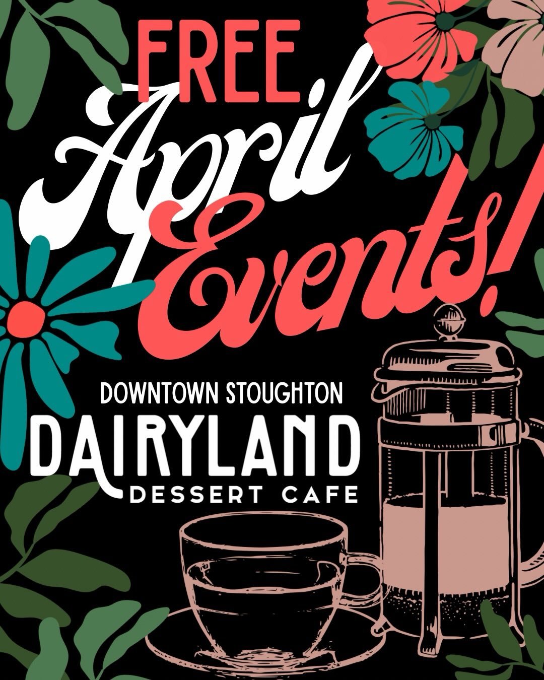 Whoa! April is packing a wallop!
.
April 19th, 5:30 to 7:30pm- Silent Book Club with @inkcapbooks 
.
April 21st, 6pm to 8pm - Art Journaling with @katherine.simdon 
.
April 28th, 6pm to 8pm - Sweet Stitches with @docs_vintage_style 
.
April 24th, 3:3