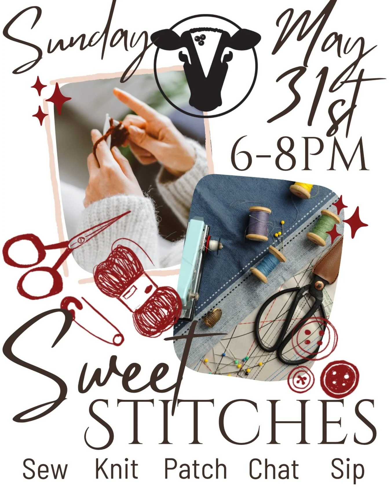 Our Monthly Sweet Stitches will be May 31st from 6-8pm!
.
Have you got piles of mending? That sweater that needs a few more rows? Don&rsquo;t know where to start putting that button back on? Well, come to Sweet Stitches, grab a dessert, meet some fol