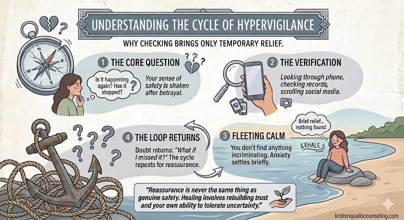 An infographic detailing the four stages of the cycle of hypervigilance after betrayal: the core question, verification, fleeting calm, and the return of doubt.