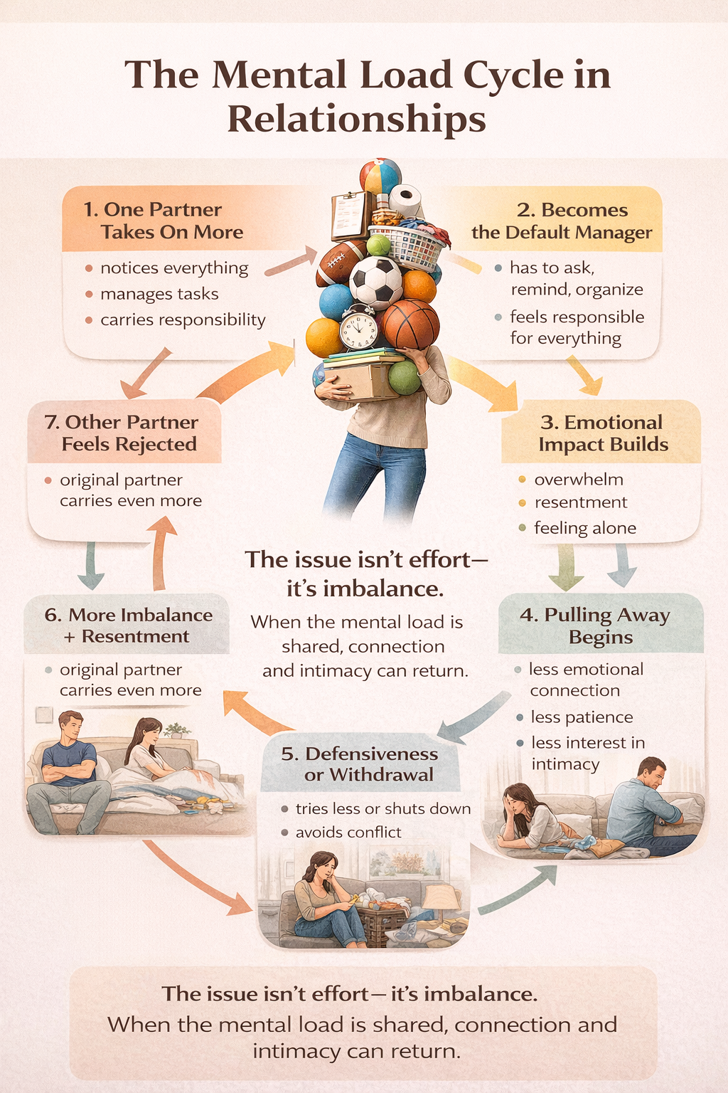 This infographic shows how the mental load in relationships creates a cycle of imbalance, resentment, emotional distance, and reduced intimacy between partners.