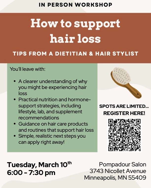 We are excited to partner with @plantingroots.nutrition to provide this educational event! 

Join us as we dive in to some of the causes of hair loss and provide some steps to help! 

Link in our bio to sign up, hope to see you there!