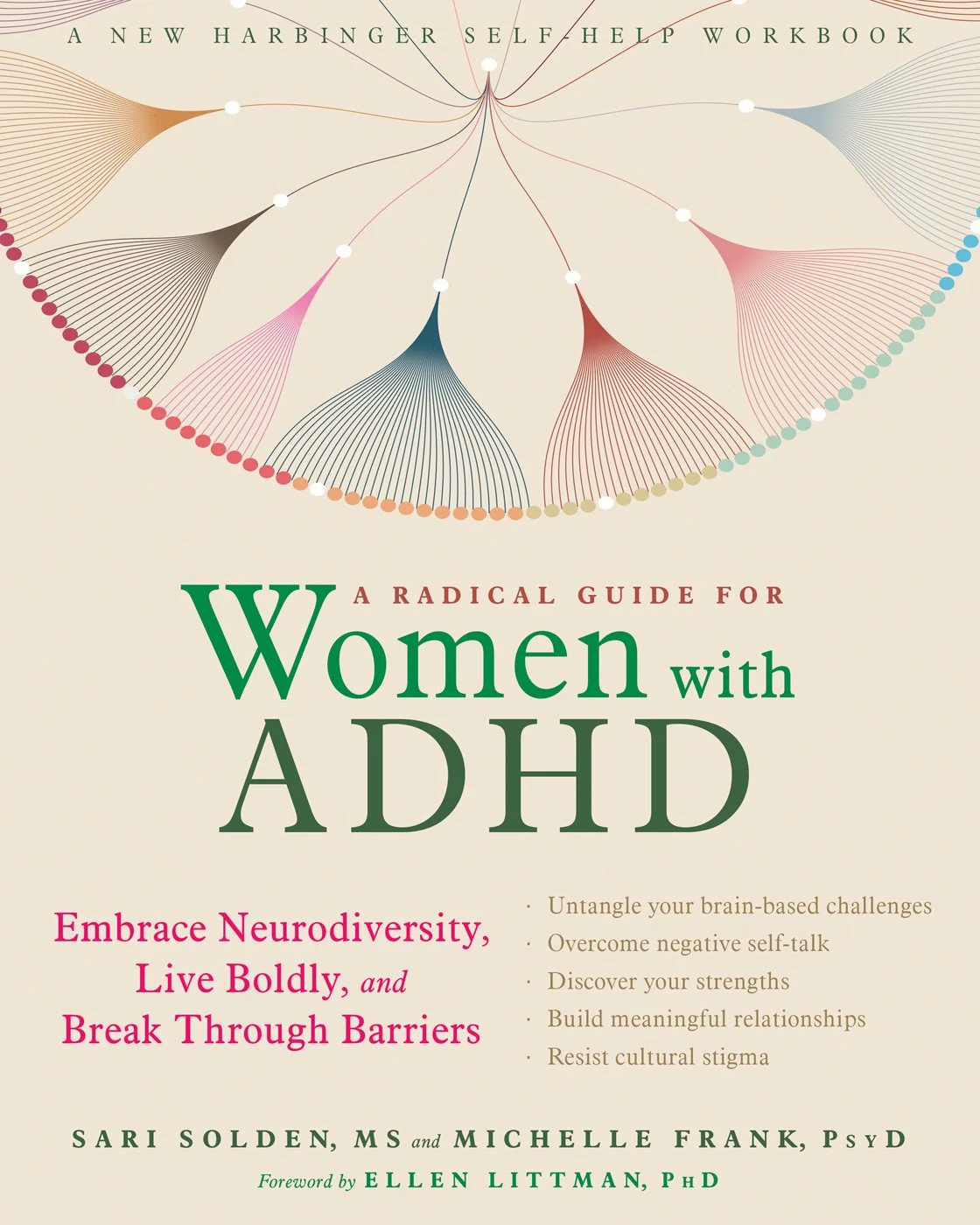 Book cover titled 'A Radical Guide for Women with ADHD' with colorful overlapping petal shapes at the top and a beige background. Subtitle includes embracing neurodiversity and breaking barriers.