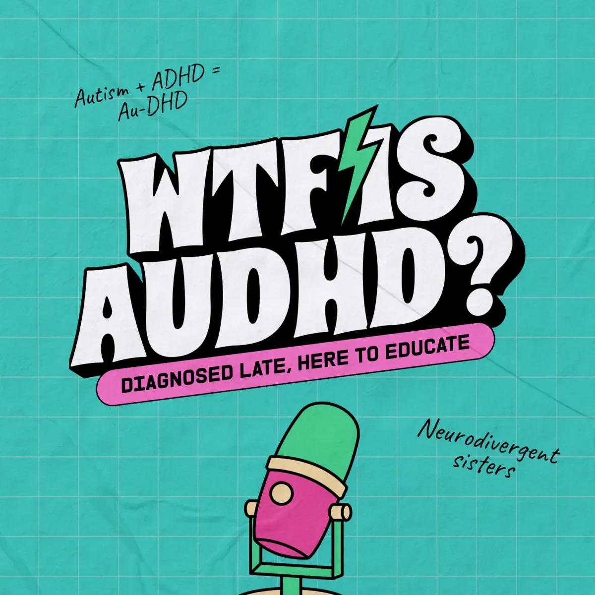 A cartoon-style illustration with the title 'Wires Autism?' and the subtitle 'Diagnosed late, here to educate,' against a teal background with a grid pattern. There is a drawing of a pink and green microphone or medical device at the bottom right, and notes 'Autism + ADHD = Au-DHD' and 'Neurodivergent sisters'.