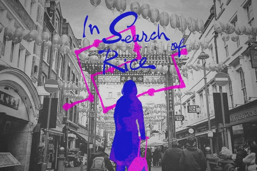 Black-and-white Chinatown street with hanging lanterns, a blue-highlighted figure walking away, and the title “In Search of Rice” overlaid.