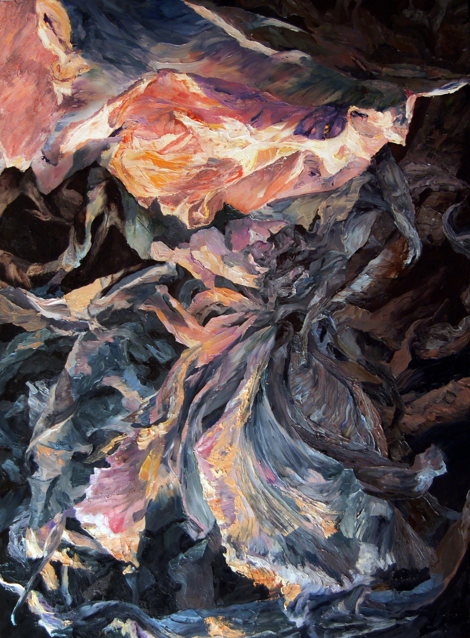 An abstract painting of a mountain landscape with vibrant colors, including pinks, purples, and dark shadows.