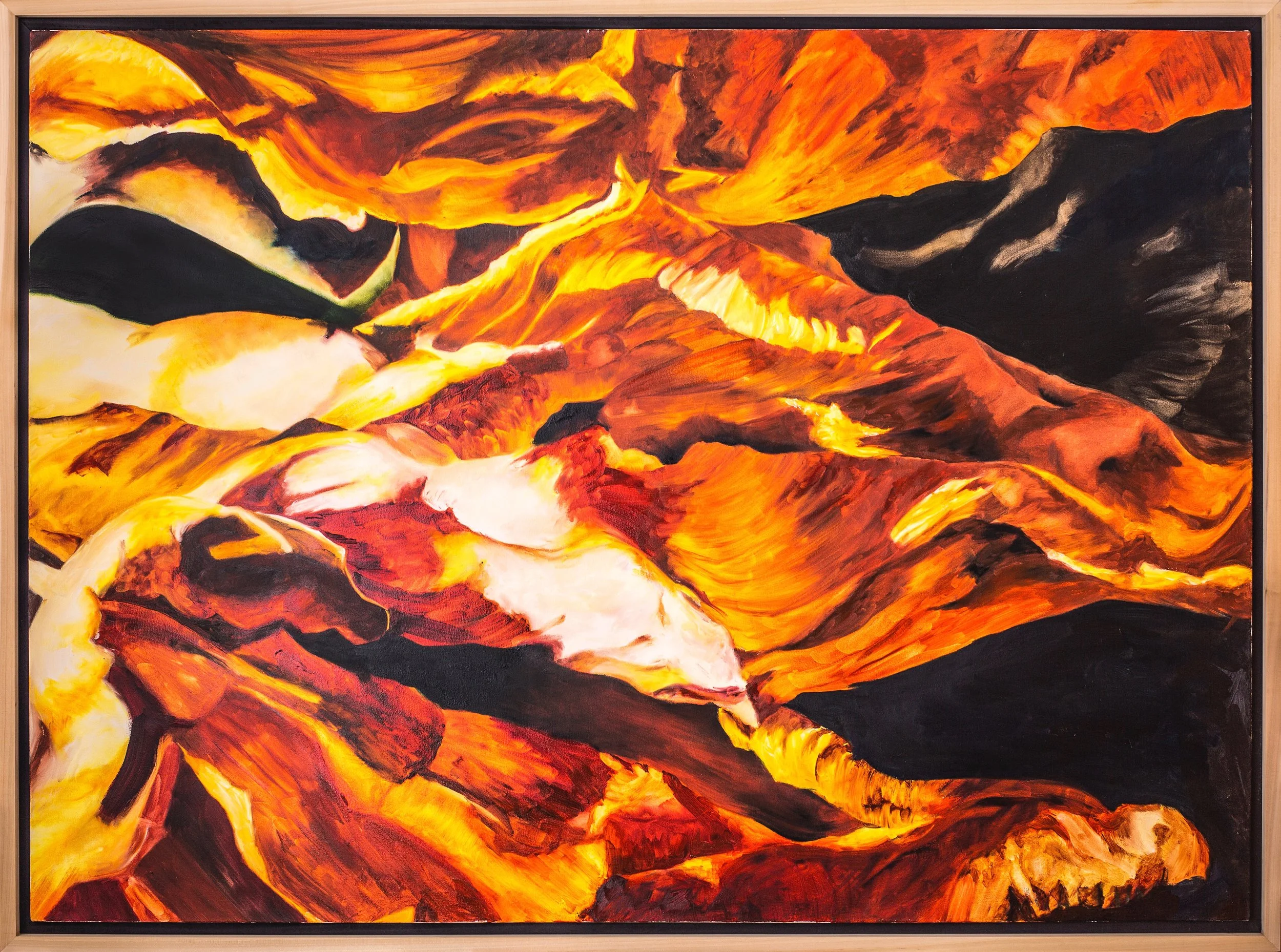 Abstract painting of a volcanic eruption with flowing lava in shades of orange, yellow, black, and white.