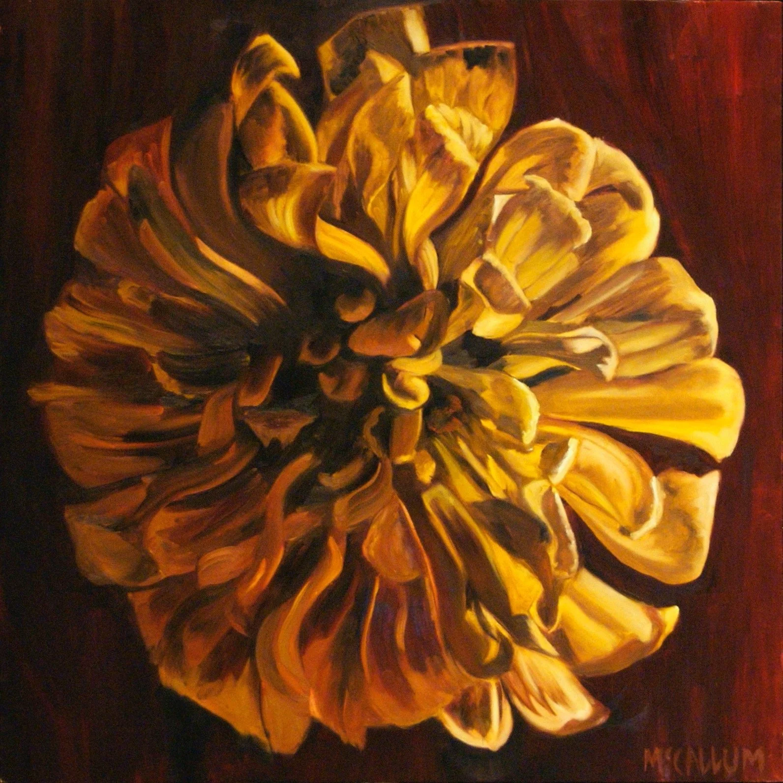A painting of a large, golden-yellow sunflower with detailed petals, against a dark red background.