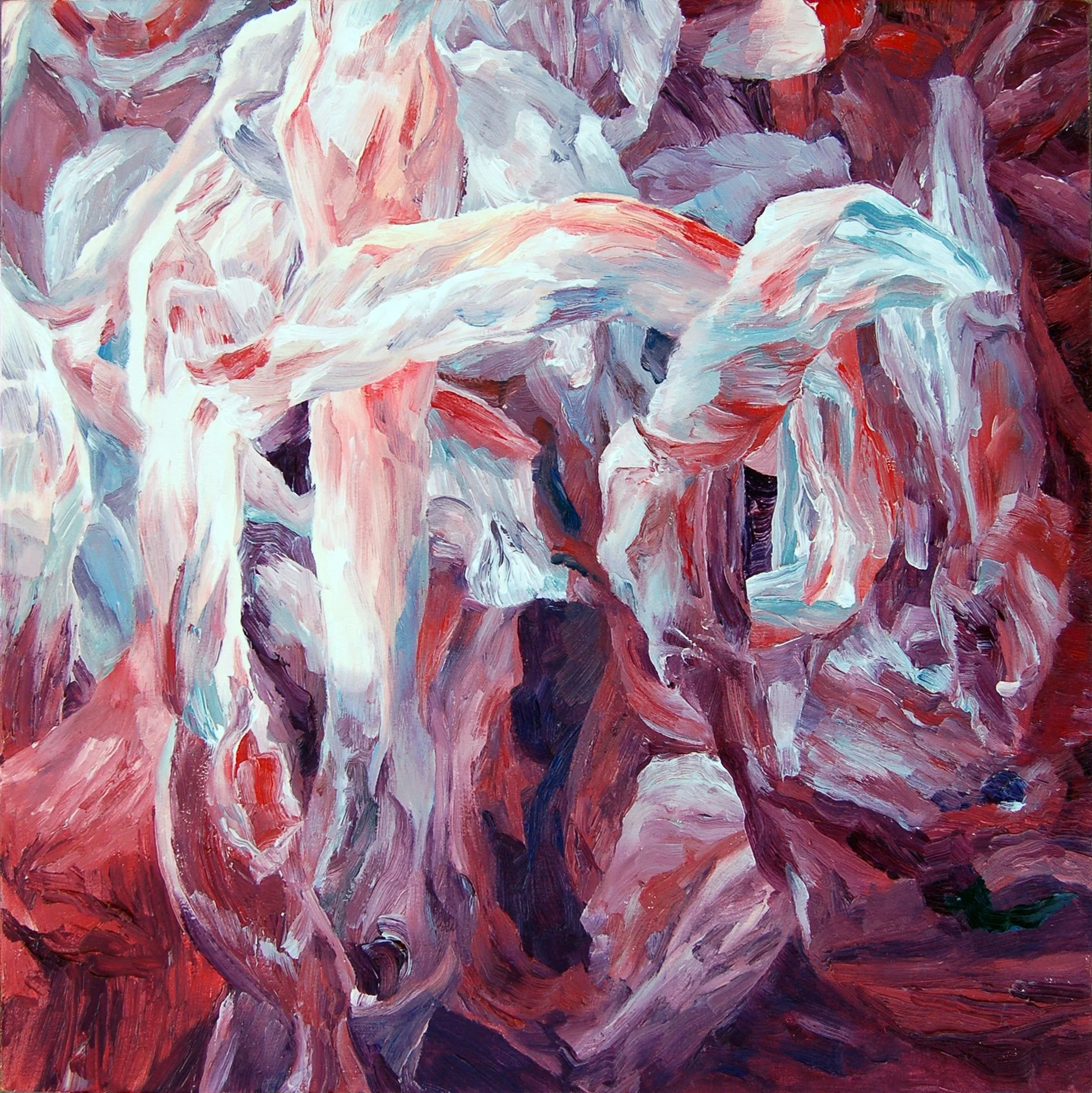 Abstract painting of a pink and white dog with surrounding dark purple and red tones.