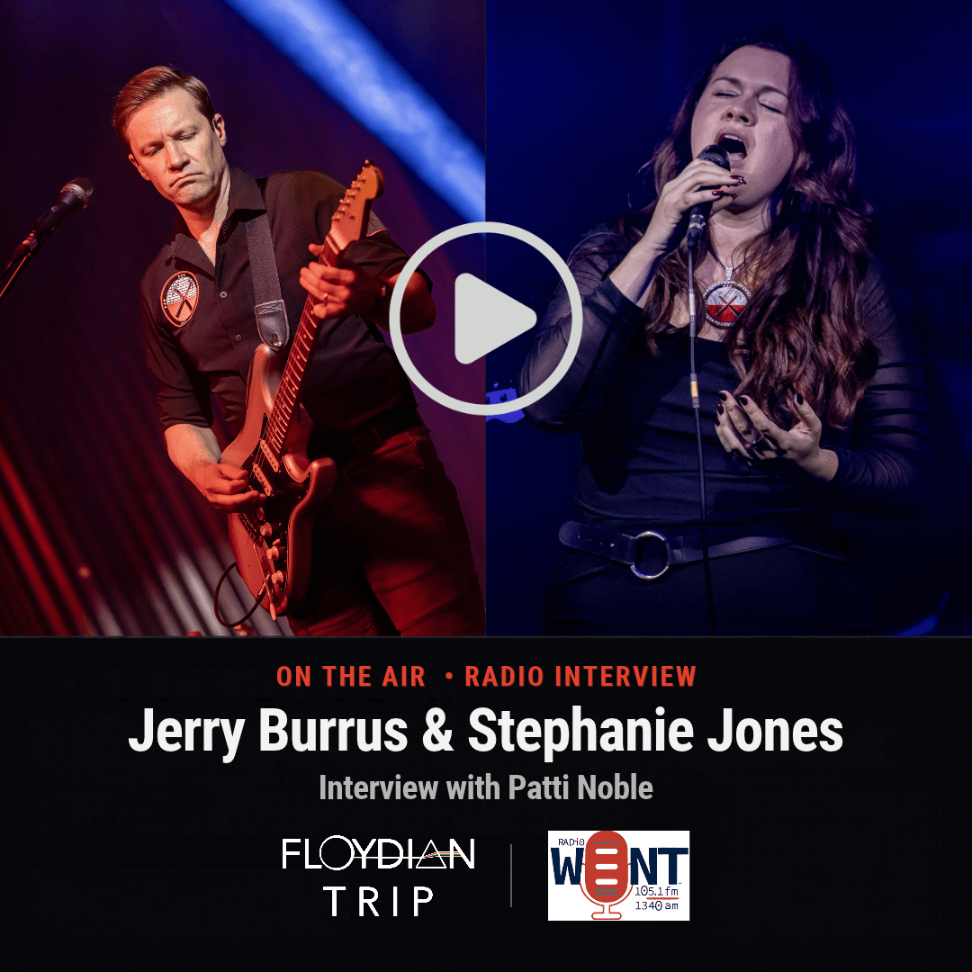 Jerry Burrus playing guitar and Stephanie Jones singing on stage. On the air: radio interview with Patti Noble, Floydian Trip and WENT Radio.
