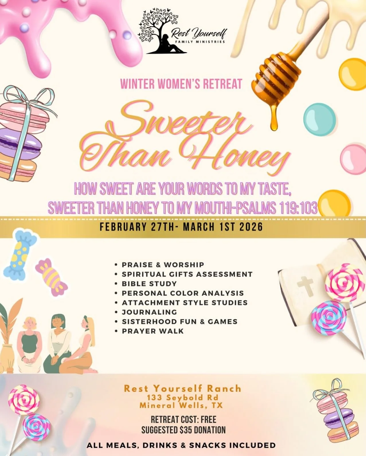 IT&rsquo;S HERE! Our 2026 Winter Women&rsquo;s Retreat &ndash; Sweeter Than Honey is officially LIVE! 🍯✨

Expect cozy moments, powerful truth, heartfelt connection, worship that draws you in, and maybe even a few honey-sweet surprises along the way.