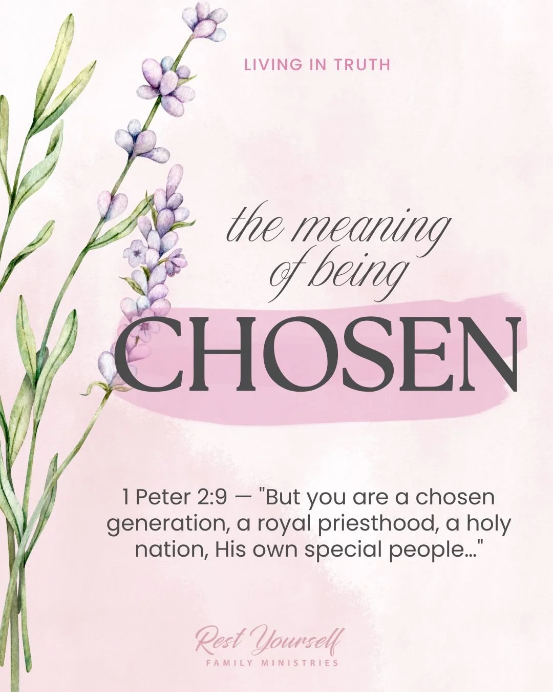In what area of your life do you need to remember that you were chosen on purpose, not by accident?

You didn't stumble into God's family &mdash; you were chosen. The Greek word Peter uses is eklektos, the same root we get "elect" from. It 