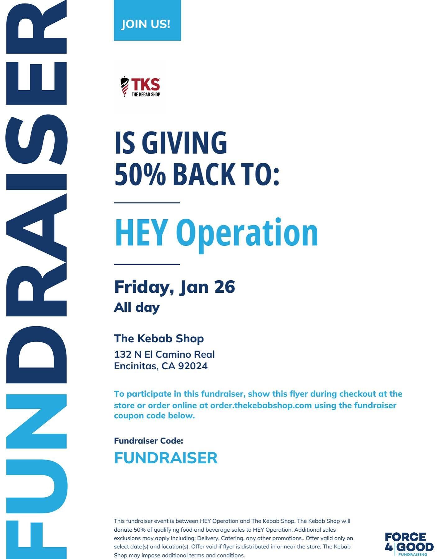 We are kicking off the year with The Kebab Shop in Encinitas! This Friday, January 26, the Kebab Shop will be donating 50% of their sales from the day to HEY Operation. 

Enjoy some delicious food while helping to provide joy and healing to displaced