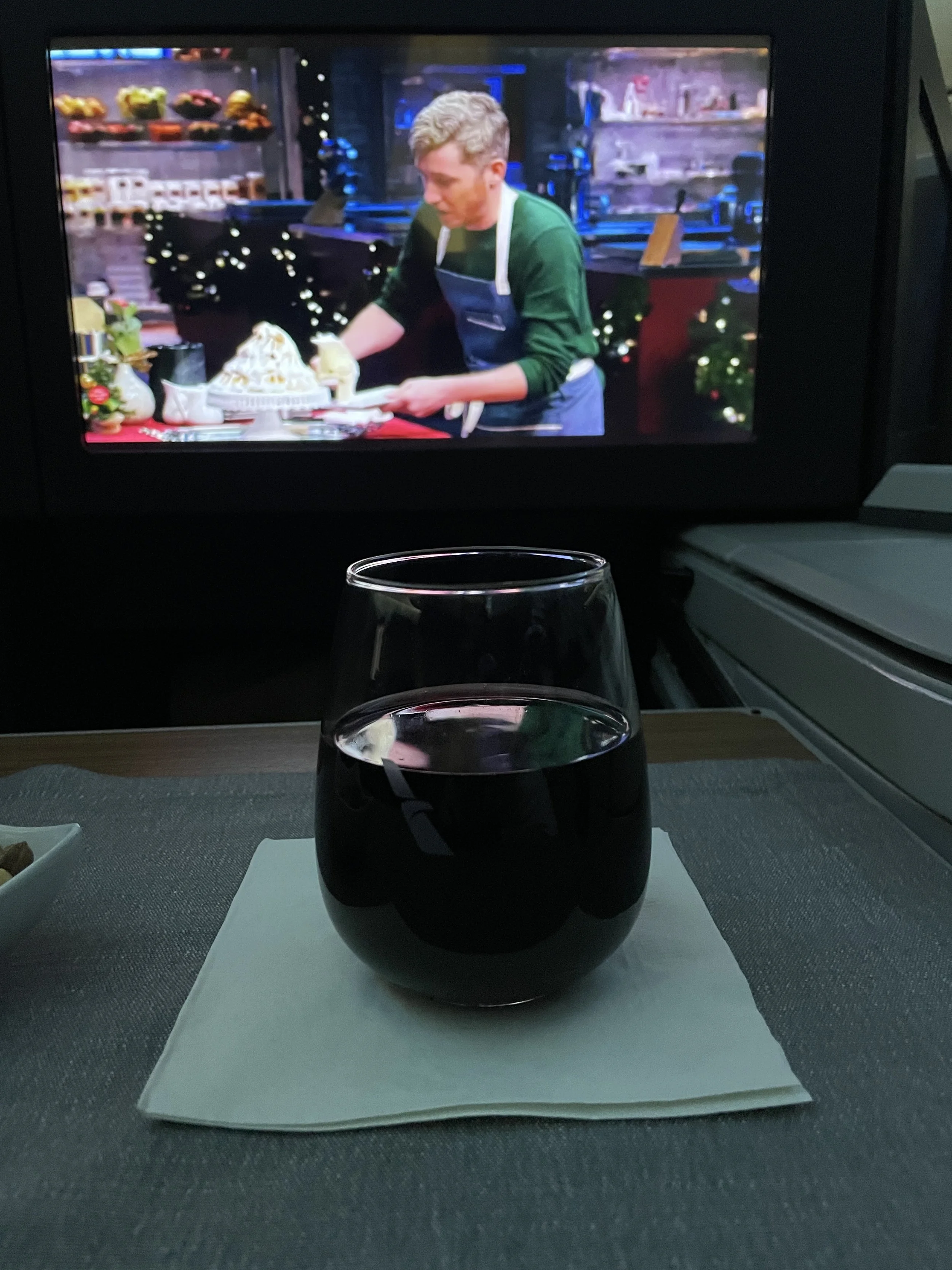 Enjoying wine in American Airlines Flagship Business Class en route to Incheon