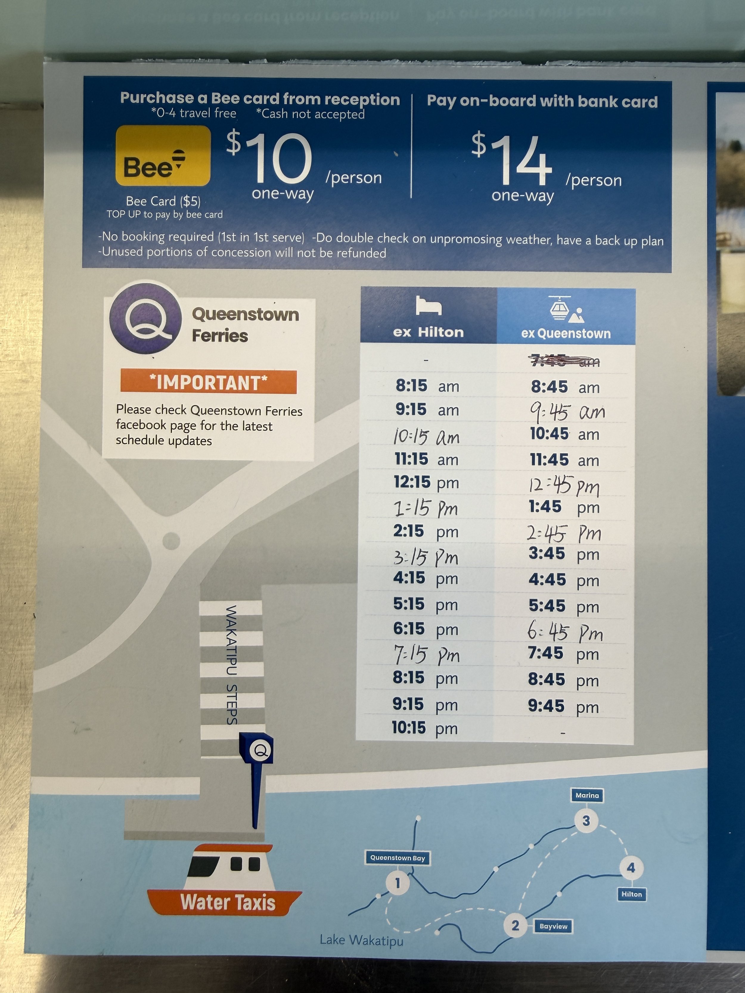Water taxi price and time schedule in Queenstown, New Zealand