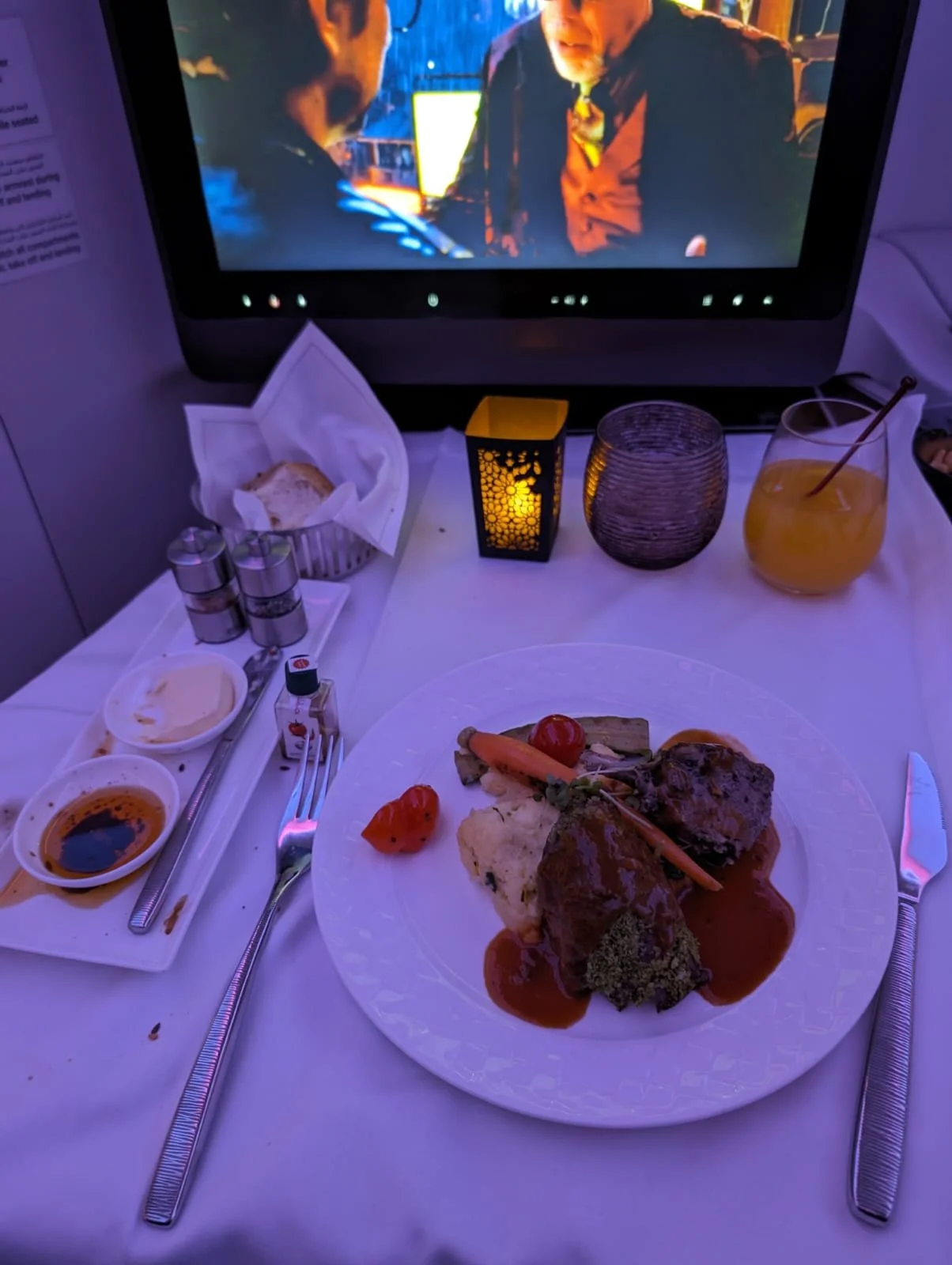 qatar airways business class a350 braised shank and herb roasted cutlet of lambJPG.JPG