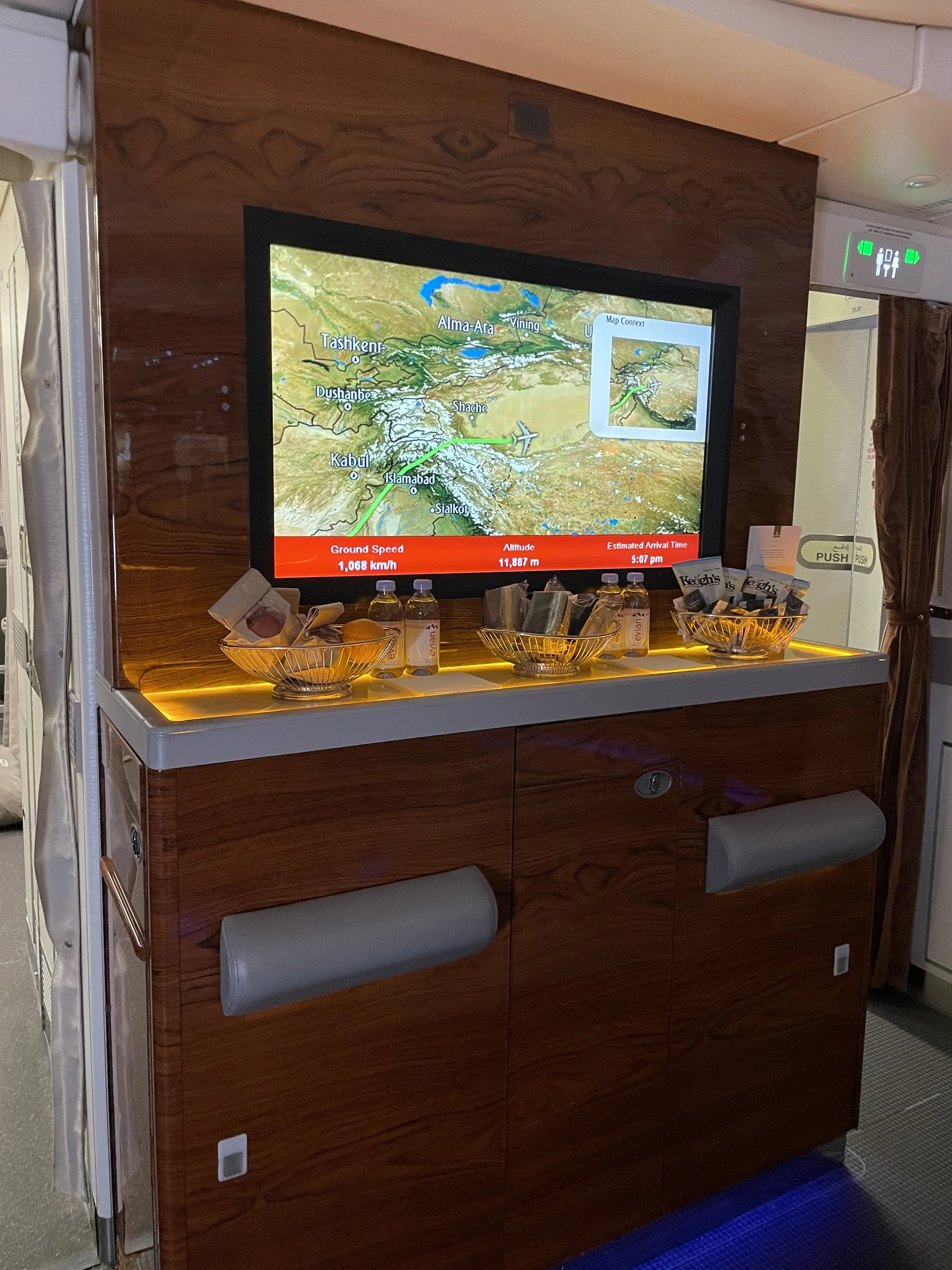 emirates business class a380 bar snacks flight map.JPG