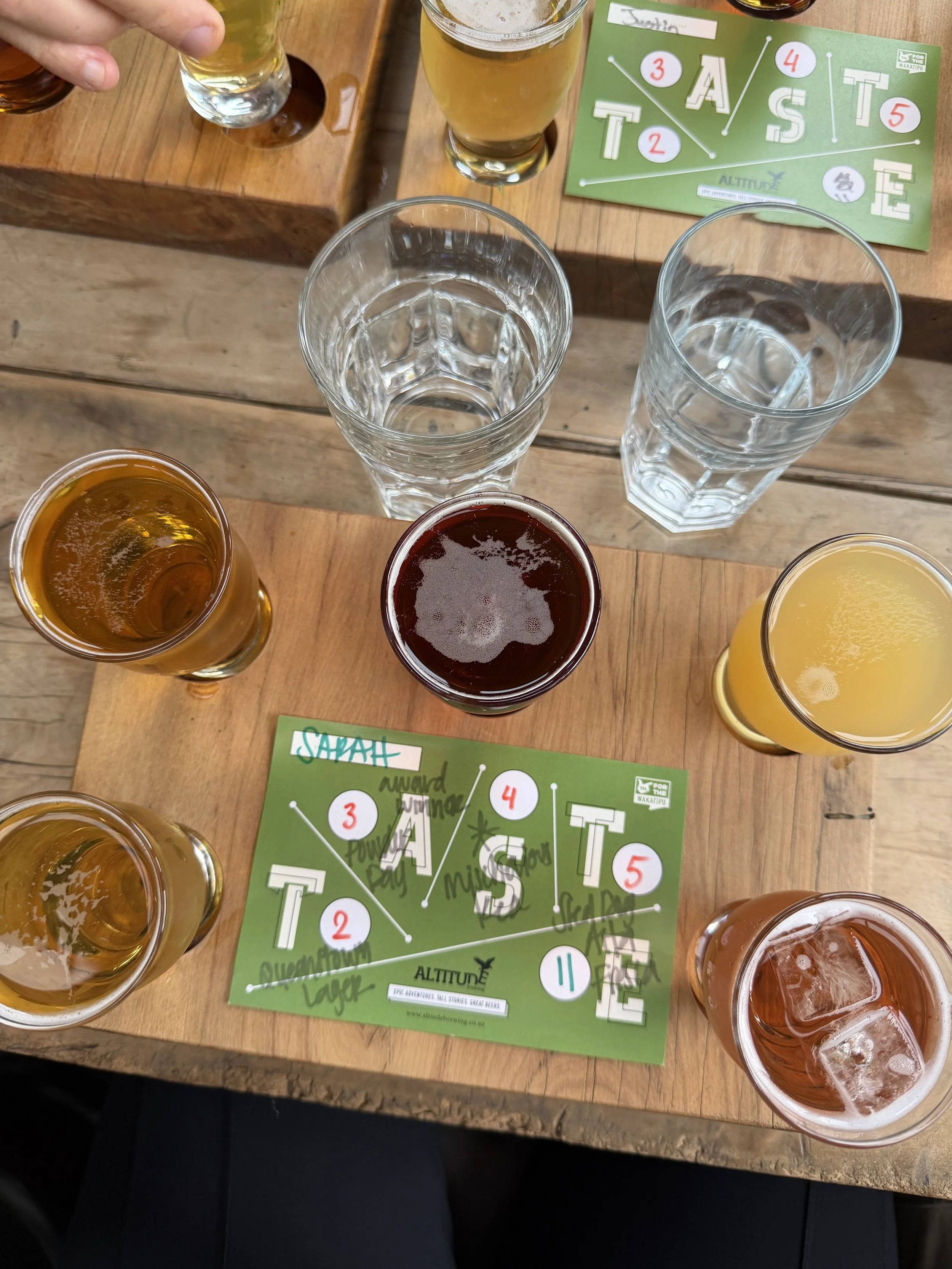 A flight of beers at Altitude Brewing in Queenstown, New Zealand