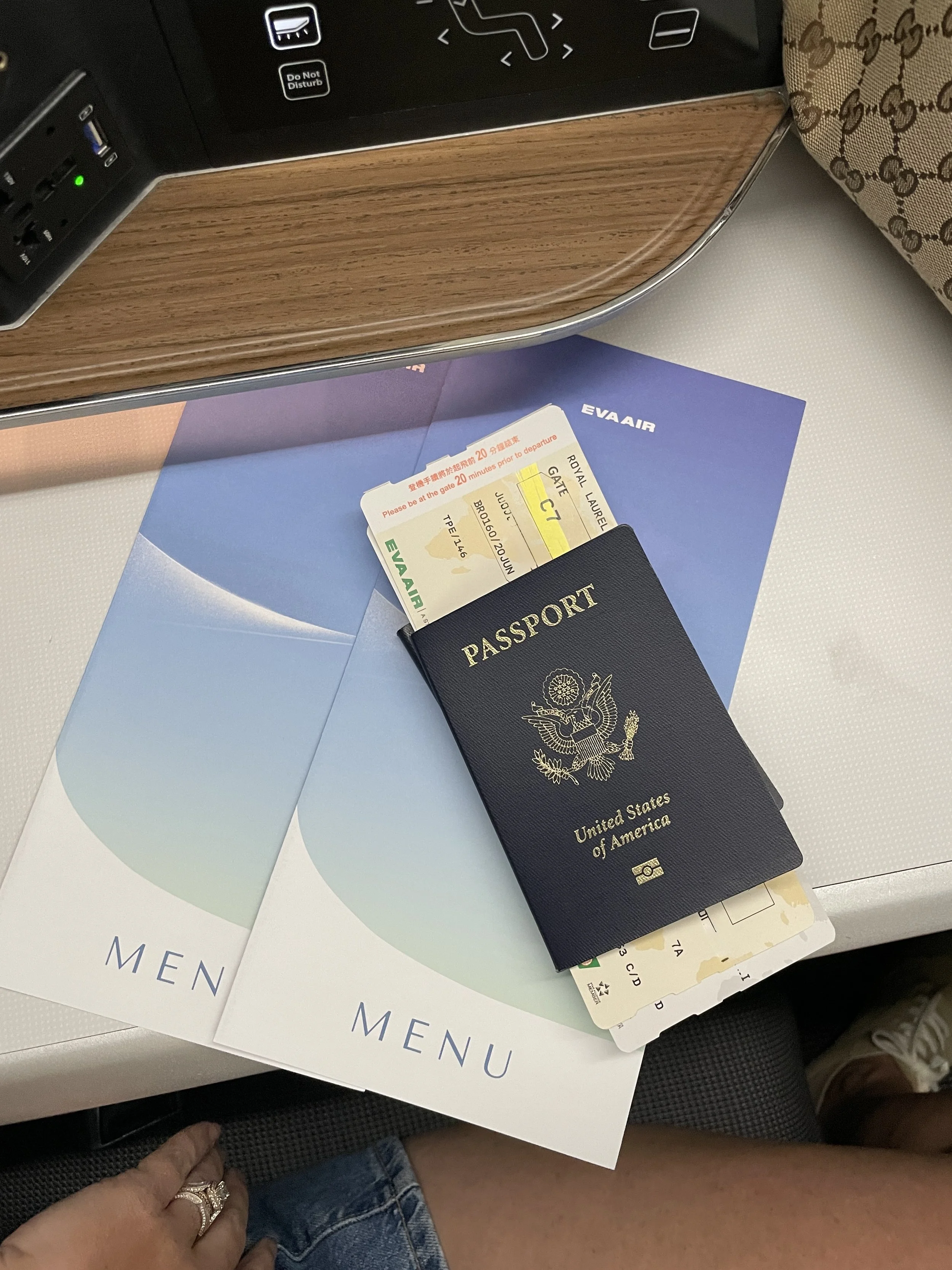 Aesthetic passport and menu picture on EVA Air Royal Laurel business 787