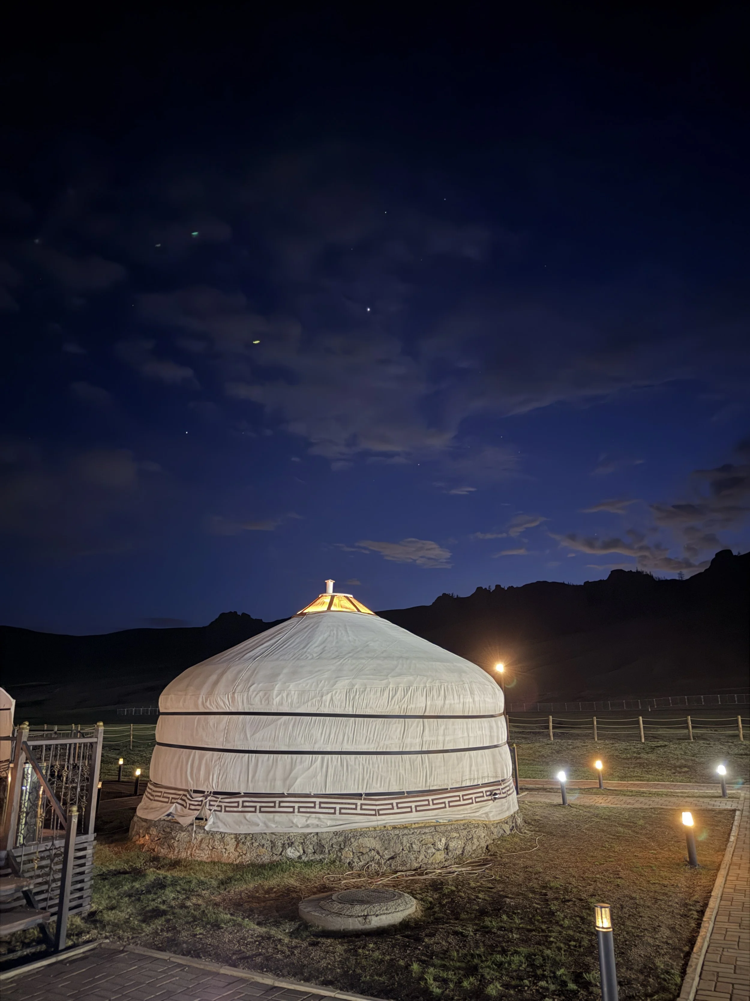 A nighttime view of my luxury ger at night.