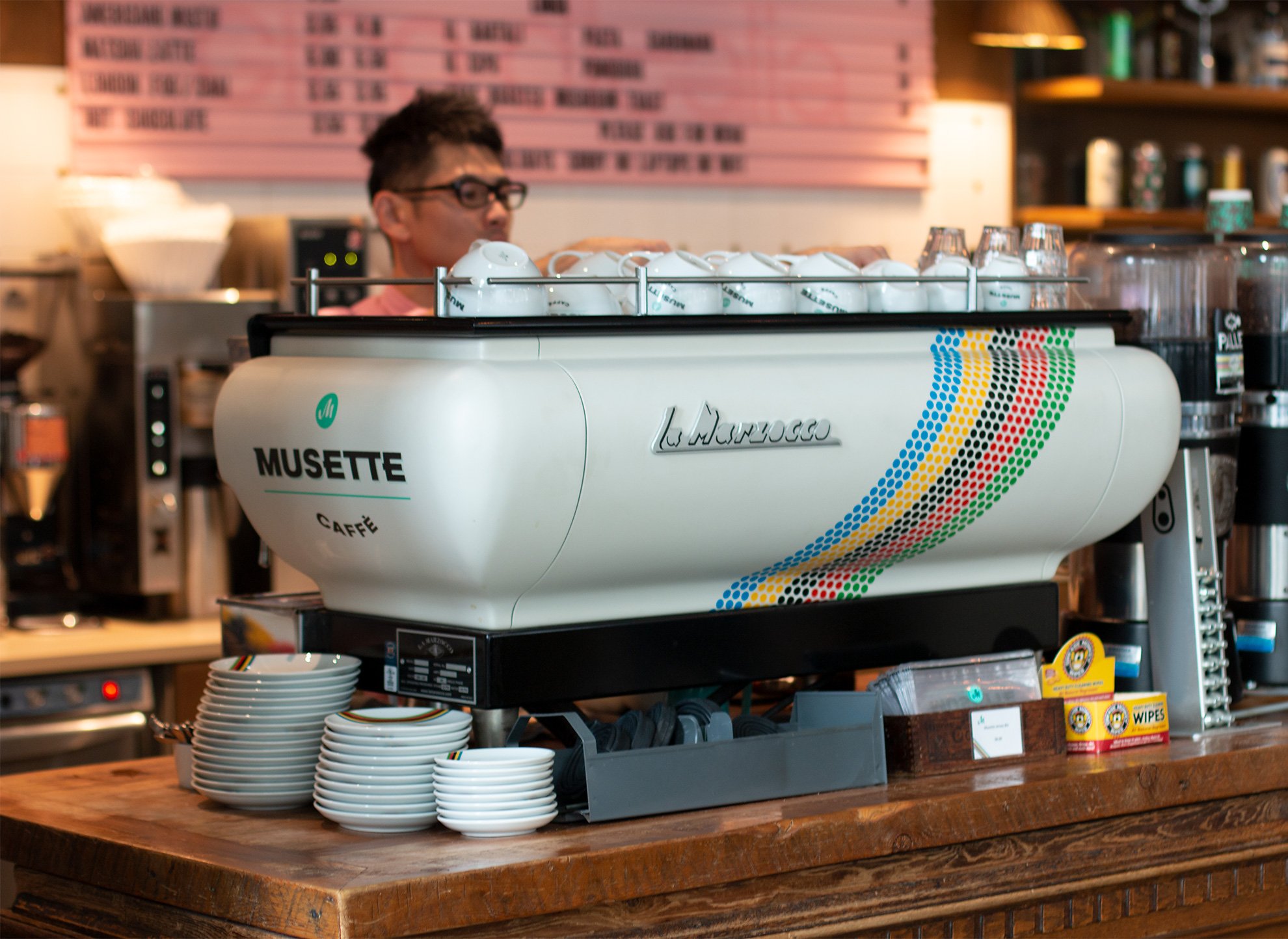 Espresso machine livery.