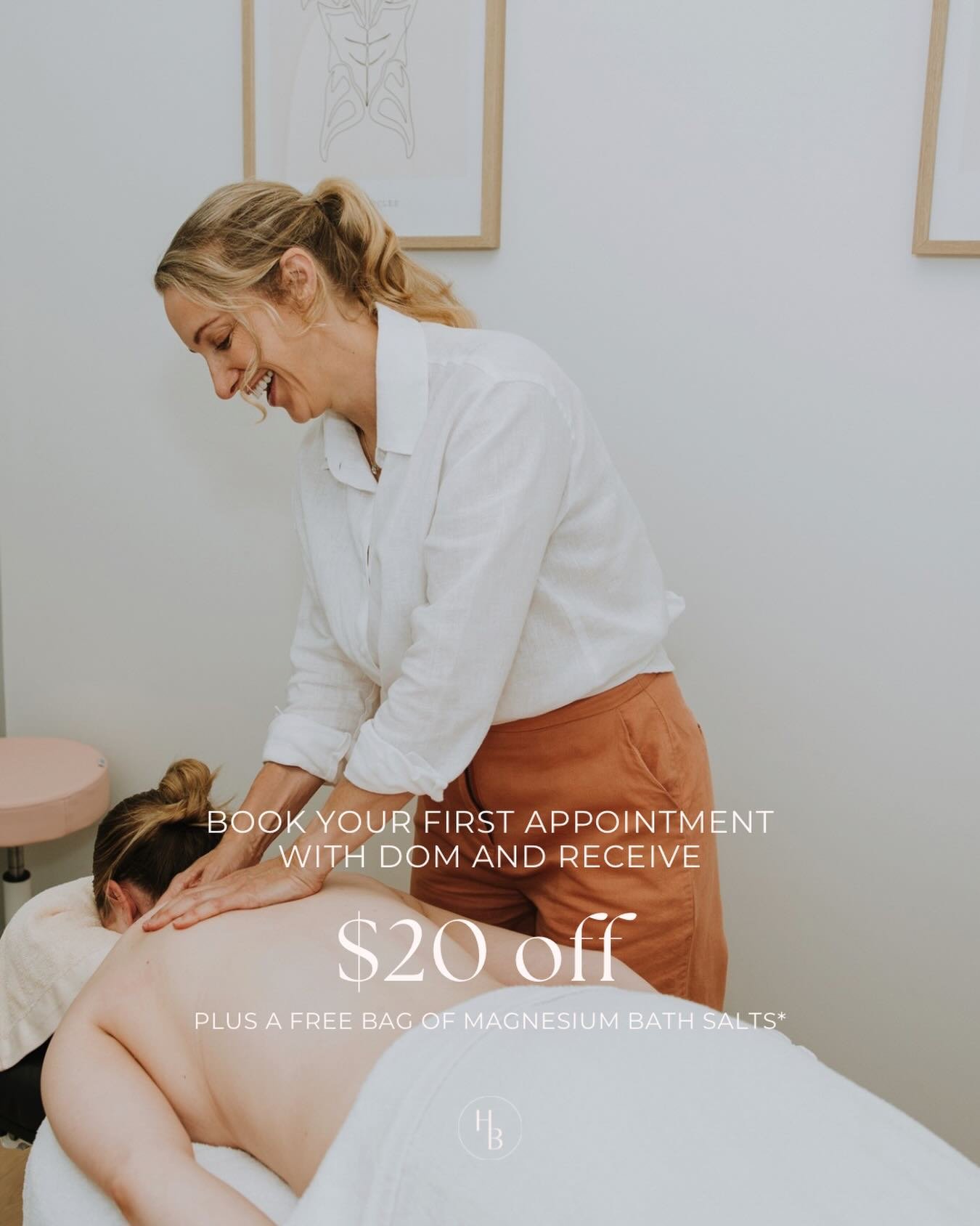 Receive $20 off your first appointment with Dom ✨

Come and see our new superstar Clinical Myotherapist Dominique and for a limited time, receive $20 off your first appointment with her, as well as a FREE bag of The Base Collective Magnesium Bath Sal