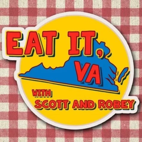 Logo with text 'Eat It, VA' and 'with Scott and Robey' on a yellow circle background, placed on a red and white checkered fabric.