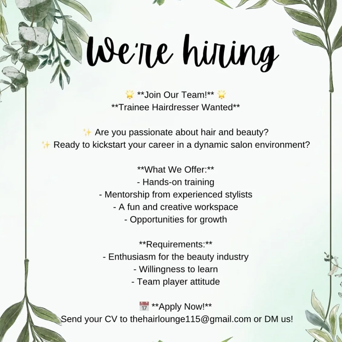 School leaver Hairdressing apprenticeship available at The Hair Lounge 🌴

We have employed a part time apprentice already &amp; currently on the look out for a secondary part time or a full time apprentice to begin college in September. 

#hairdress