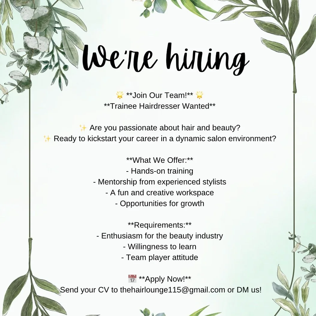 School leaver Hairdressing apprenticeship available at The Hair Lounge 🌴

#hairdresser #salon #hairsalon #trainingprogramme #hairapprenticeship