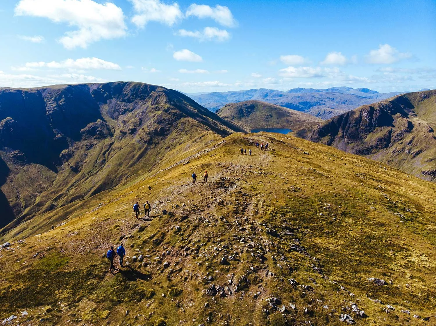 Hikers on grassy mountain ridge under blue sky