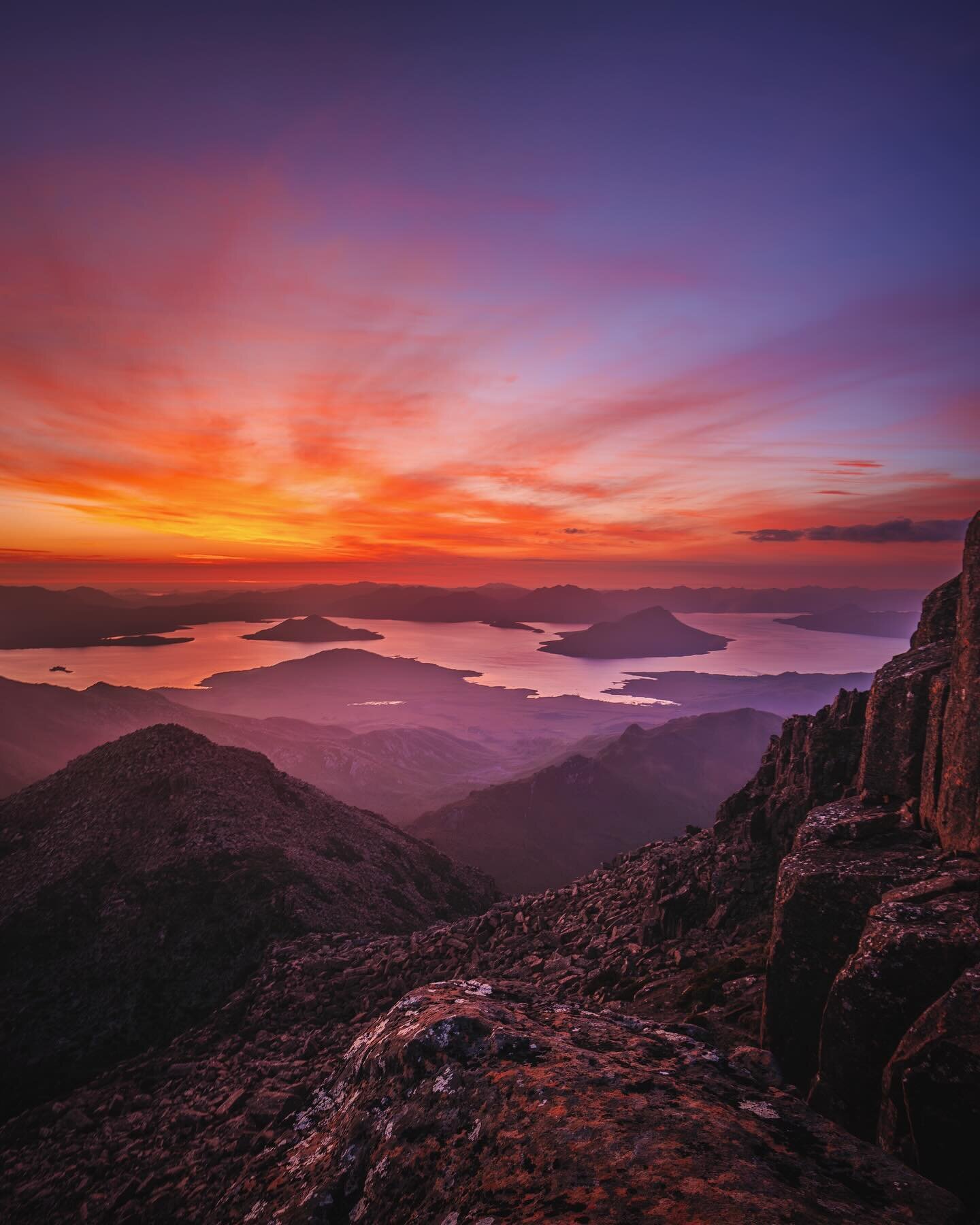 Sunset 1,423m high on Mount Anne in Tassie&rsquo;s Southwest National Park. An incredible view from the highest point of the region with such an impressive view of Lake Pedder below! The hike to reach this pinnacle was undoubtedly one of the most dem