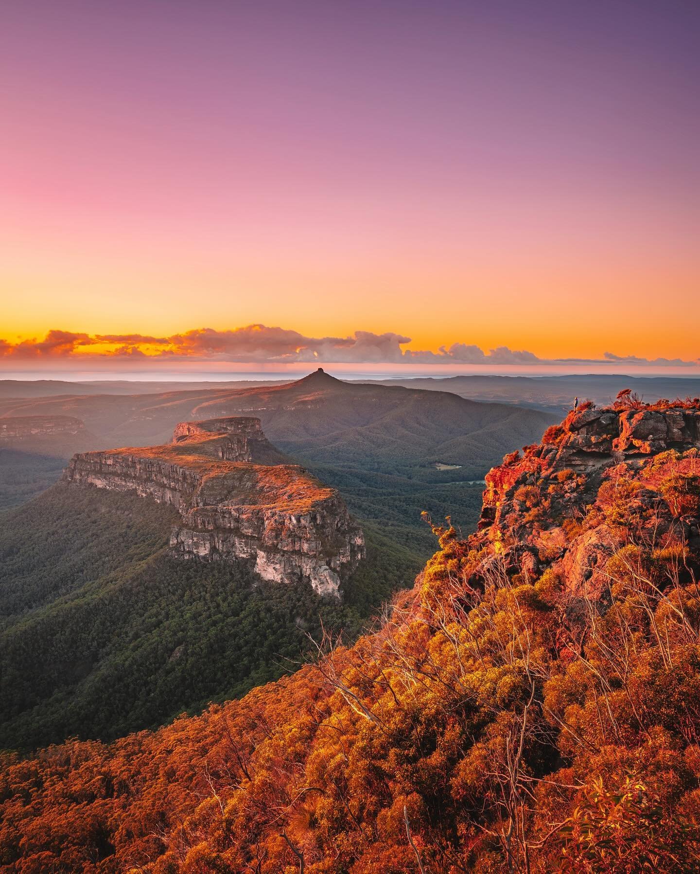 Sunrise on top of The Castle in Morton National Park. One of the more impressive views I&rsquo;ve seen in quit some time! The sight of the majestic rock formations ahead, particularly Pigeon House Mountain, is awe-inspiring. And if you look closely, 