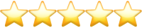 Close-up of five gold stars, representing a five-star rating.