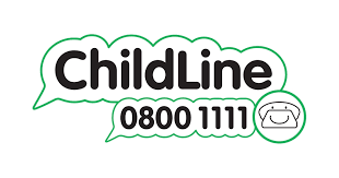 ChildLine logo with phone number 0800 1111 and a smiling face in a speech bubble