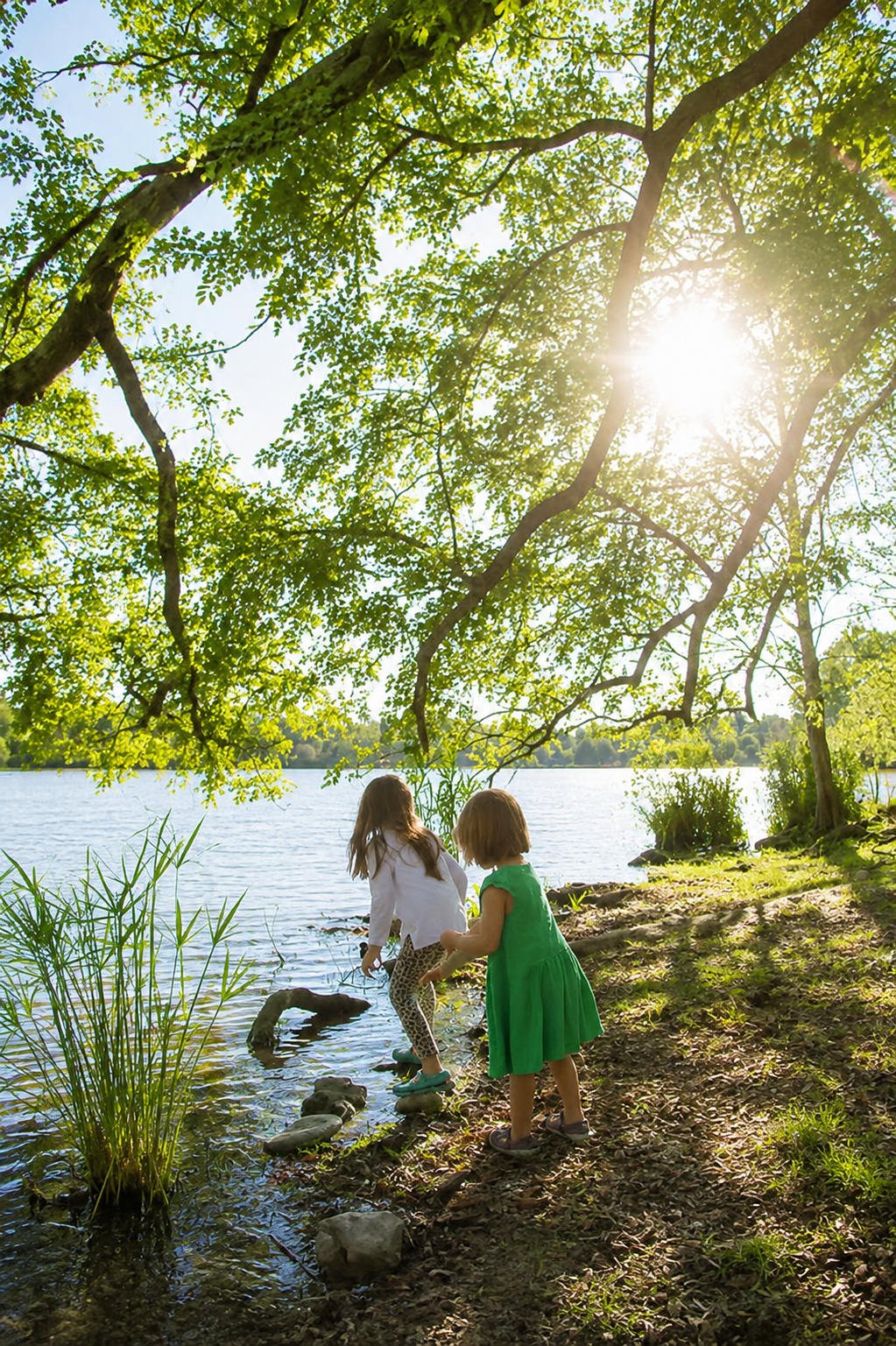 Children Exploring a Sunlit Lakeshore.png