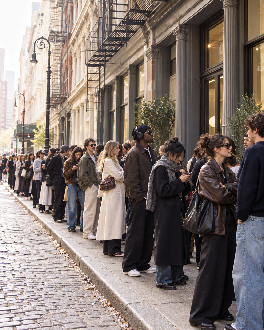 Urban Fashion Queue on a Cobblestone Street.png