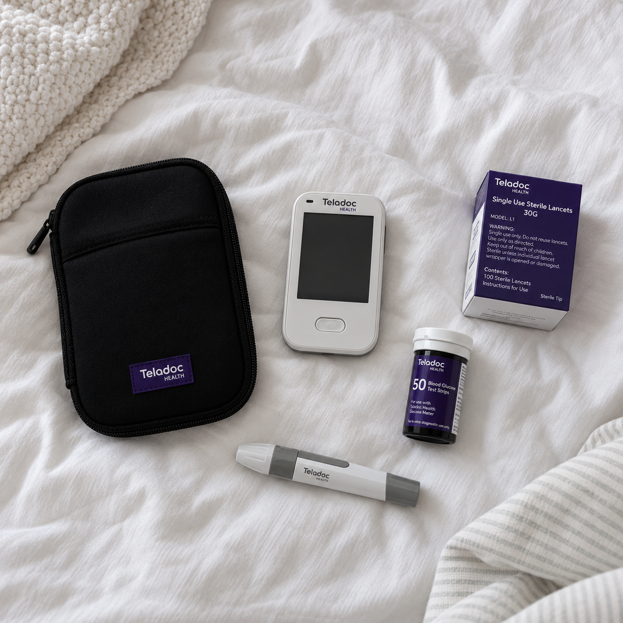 Teladoc Diabetes Kit on Cozy Bedding.png