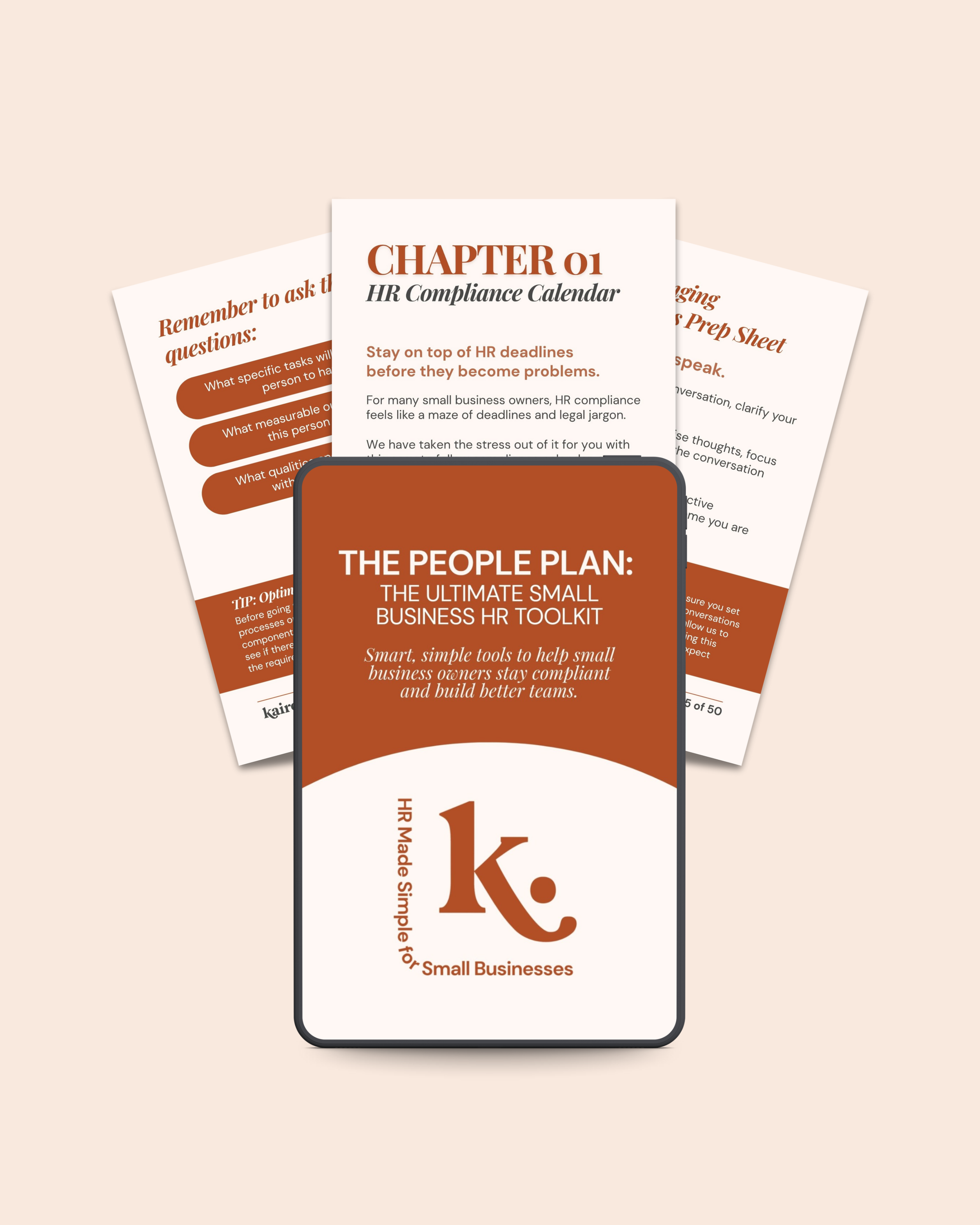 A mobile phone displaying a booklet titled 'The People Plan: The Ultimate Small Business HR Toolkit' with the logo 'k.' and text indicating it is a simple HR guide for small businesses. Background contains two printed pages related to HR compliance and questions.