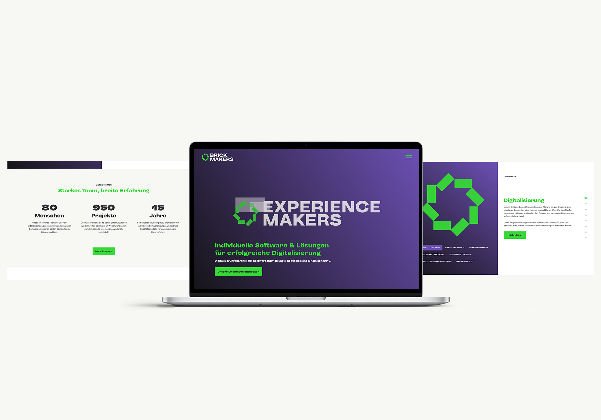 Laptop zeigt die Startseite von BRICKMAKERS mit grün-weißem Logo, Überschrift und Buttons zum Erkunden der Dienstleistungen gegen violetten Hintergrund.