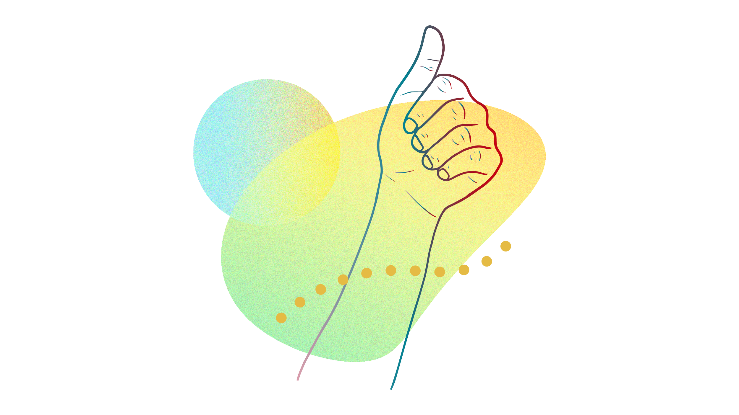 Grafische Darstellung einer Hand, die einen Daumen nach oben zeigt, vor einem farbenfrohen, abstrakten Hintergrund.