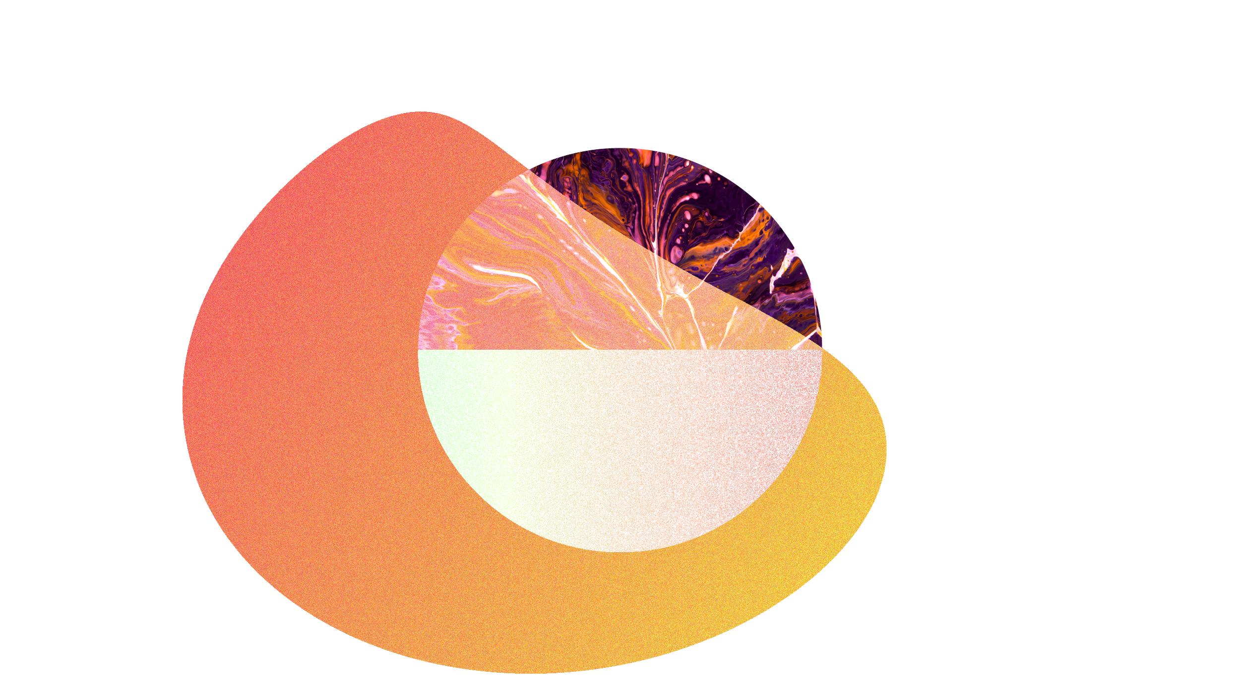 Abstrakte Kunst mit überlappenden geometrischen Formen in Orange, Gelb und Lila. Eine Mischung aus Kreisen und Dreiecken mit marmorierten Texturen.