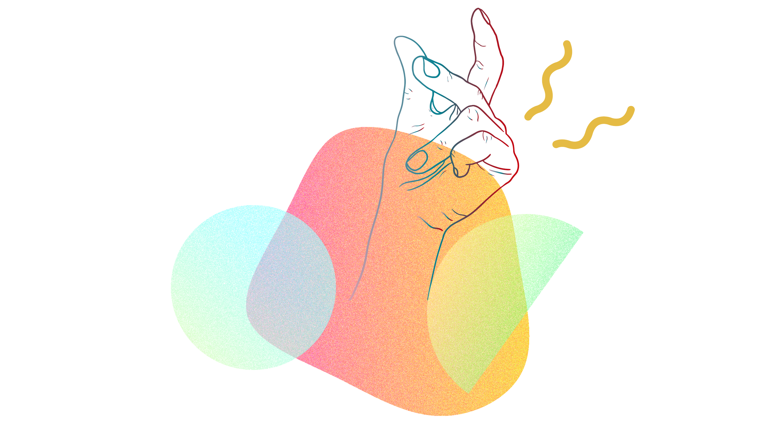 Abstrakte Darstellung zweier Hände mit geometrischen, bunten Formen im Hintergrund und gelben Wellenlinien.