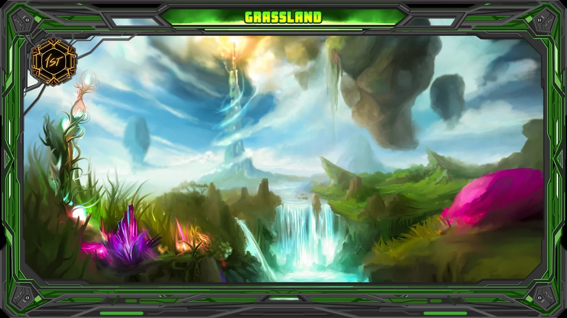 A vibrant, fantasy-style landscape with floating islands, waterfalls, lush green valleys, and colorful glowing flora, framed by a high-tech green and black border with the word 'Grassland' at the top.