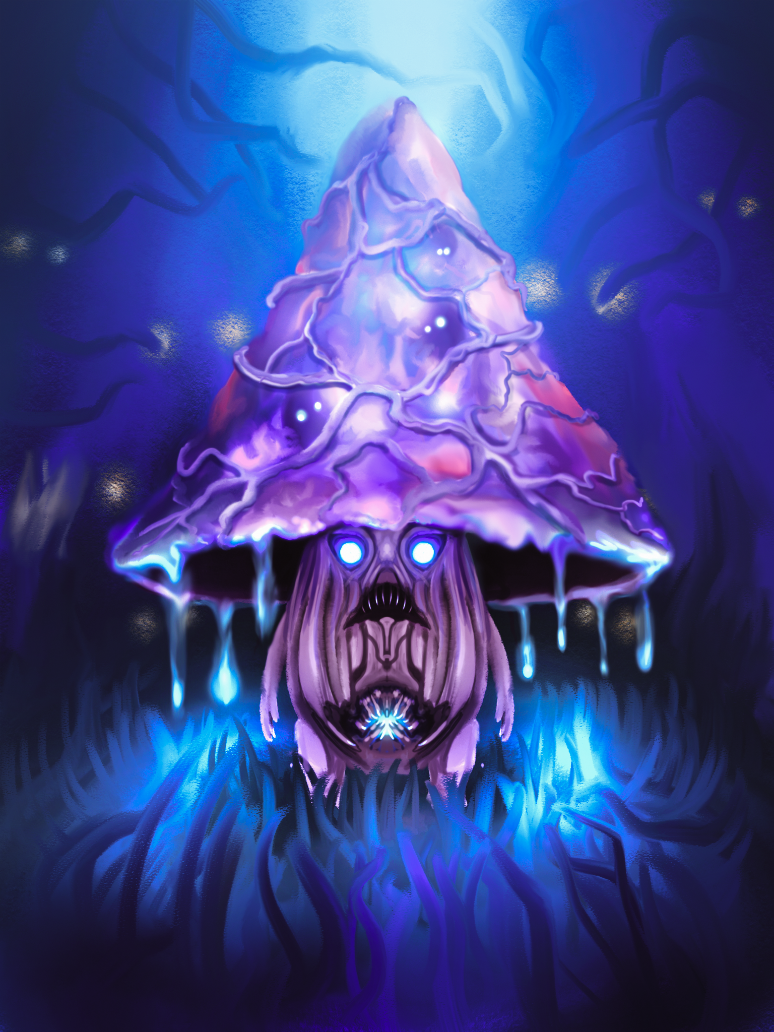 A surreal, glowing creature with a mushroom-shaped head, luminescent purple and blue colors, and a face with glowing blue eyes and a gaping mouth, set against a dark, forest-like background.