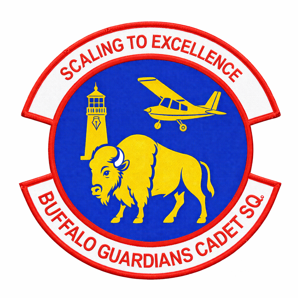 Logo for civil air patrol unit that has a buffalo in the foreground, with a lighthouse and airplane in the background