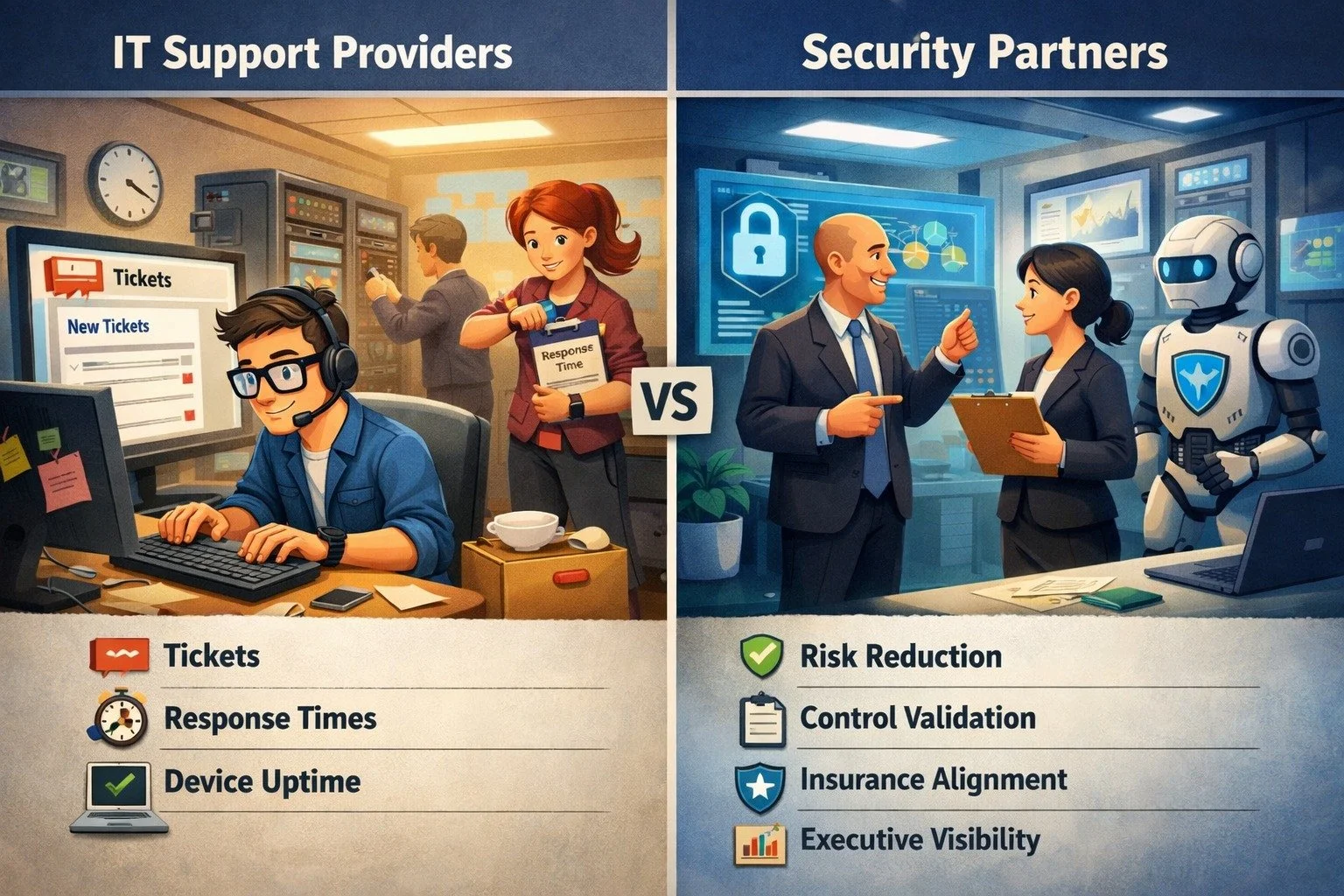 There are IT support providers.

And there are structured security partners.

Support providers focus on:
&bull; Tickets
&bull; Response times
&bull; Device uptime

Security partners focus on:
&bull; Risk reduction
&bull; Control validation
&bull; In