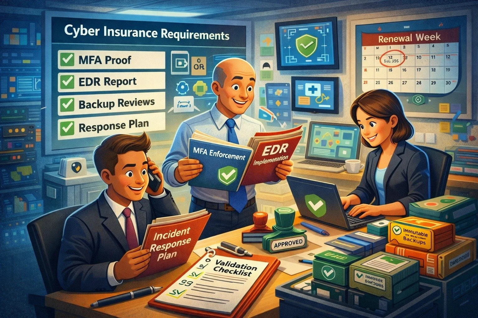 Cyber insurance carriers have changed.

They now expect documented proof of:

&bull; MFA enforcement
&bull; Endpoint detection &amp; response
&bull; Immutable backups
&bull; Incident response readiness

Renewal week is too late to discover gaps.

Val